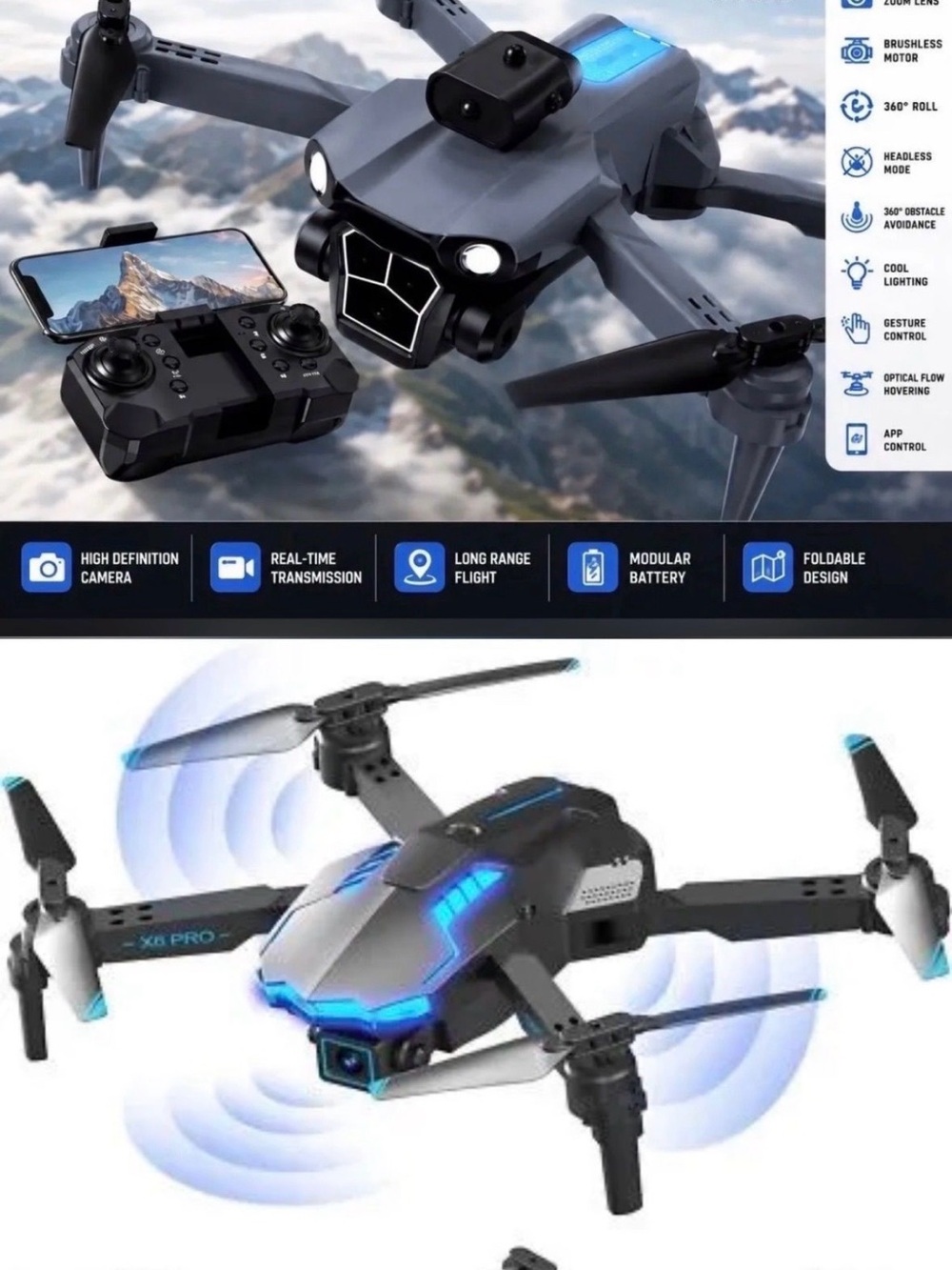 Foldable HD Camera Drone in Dark Gray with Blue Accents